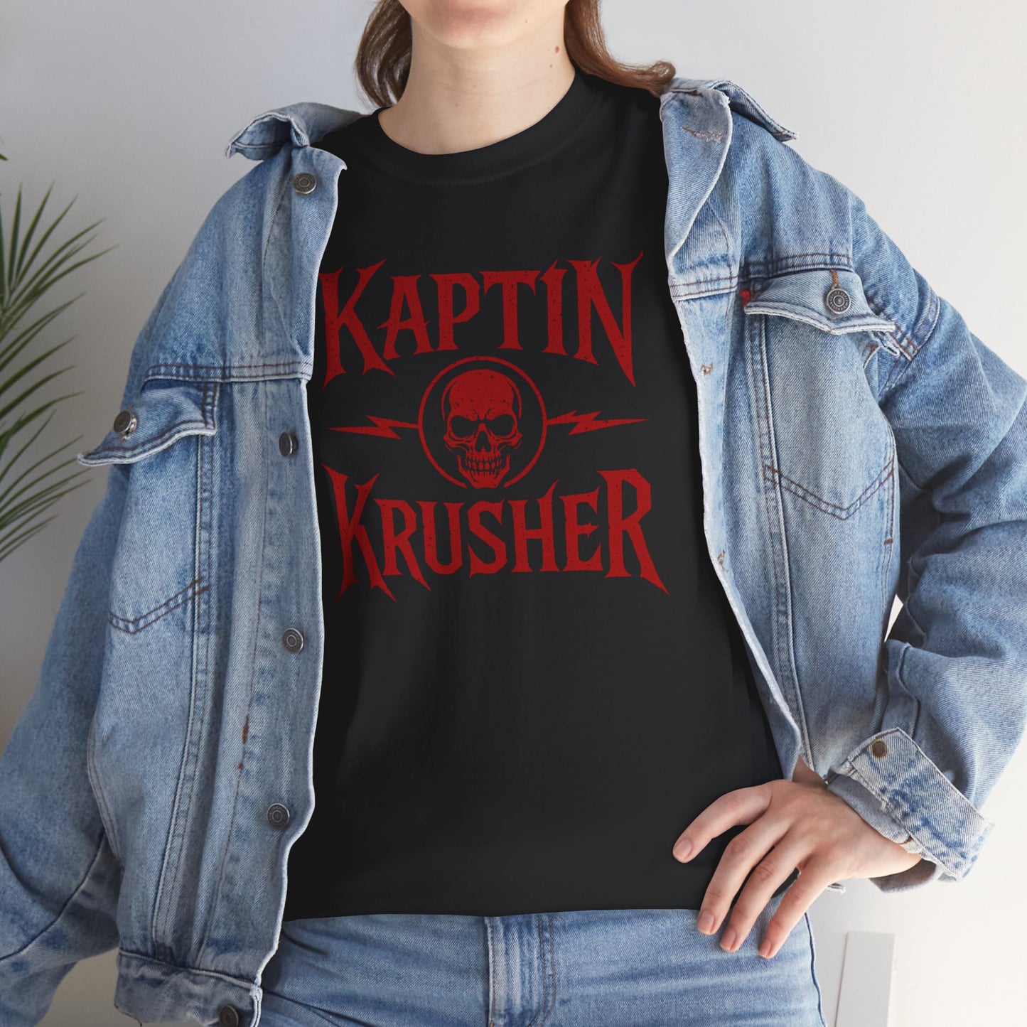 Kaptin Krusher Band T-Shirt – Red Skull Graphic Tee, Heavy Cotton Shirt for Fans, Rock Festival Merch