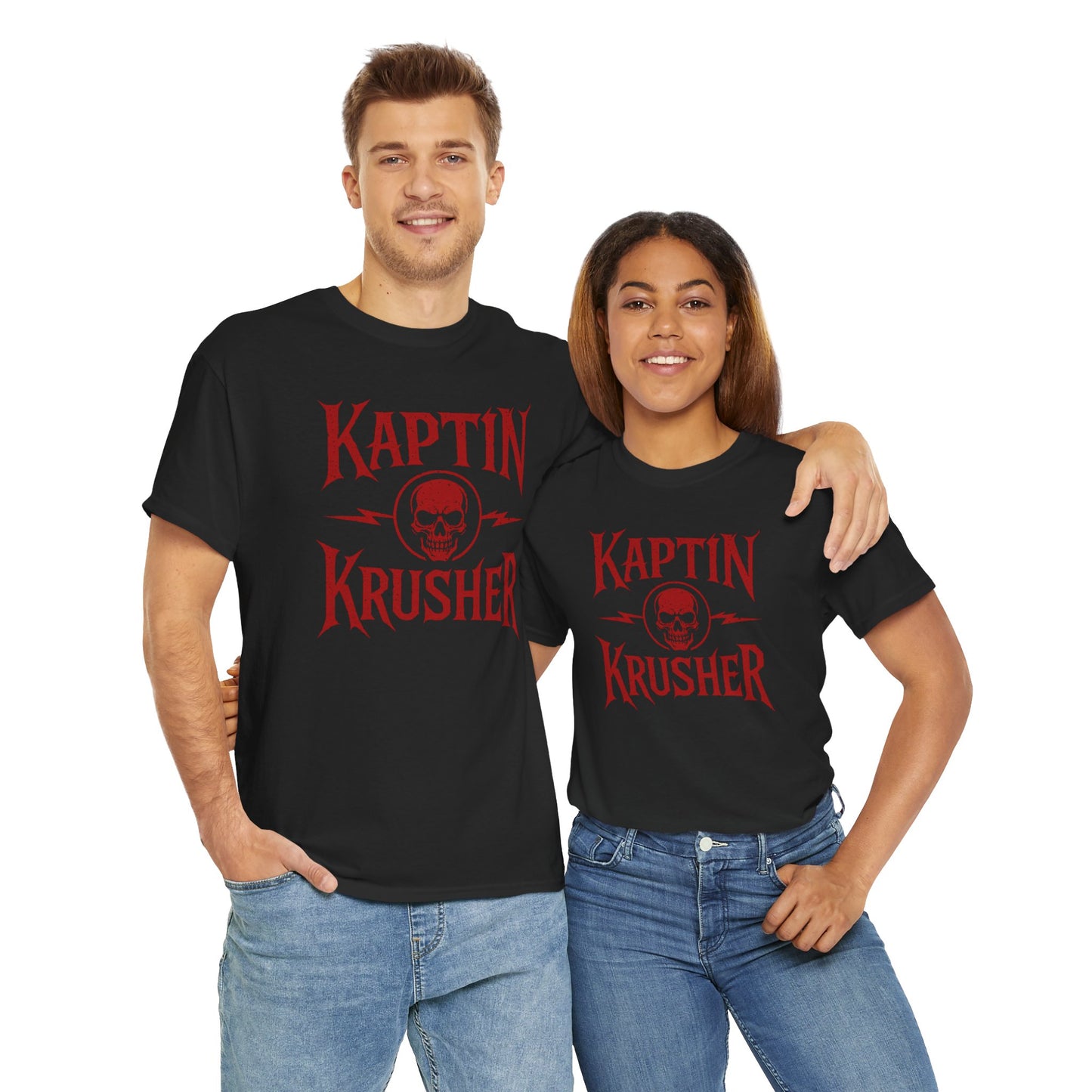 Kaptin Krusher Band T-Shirt – Red Skull Graphic Tee, Heavy Cotton Shirt for Fans, Rock Festival Merch